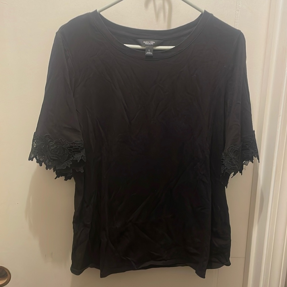 Simply Vera Wang Black TShirt top with embroidered sleeves